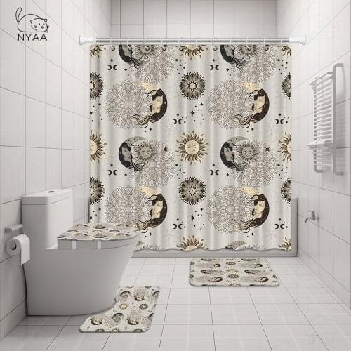 Vintage Mandala Print Shower Curtain Set with Anti Slip Toilet Mat Rug Carpet Bath Products Bathroom Home Decor with Hooks