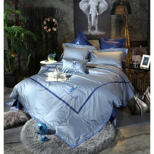 BlueLuxury High-end Pastoral animal Embroidery 100S/800TC 4/7pcs Egyptian cotton Bedding Set Duvet Cover Bed sheet Pillowcase