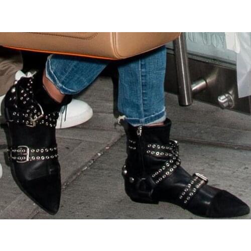 2018 New Style Studded Buckles Black Suede Point Toe Women Square Low Heel Ankle Boots Ankle Buckles Ladies Knight Style Boots