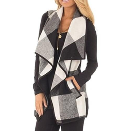 Autumn Office Ladies Vest Sleeveless Turn Down Neck Open Front Jacket Check Plaid Cardigan Casual Women Long Waistcoat HD05