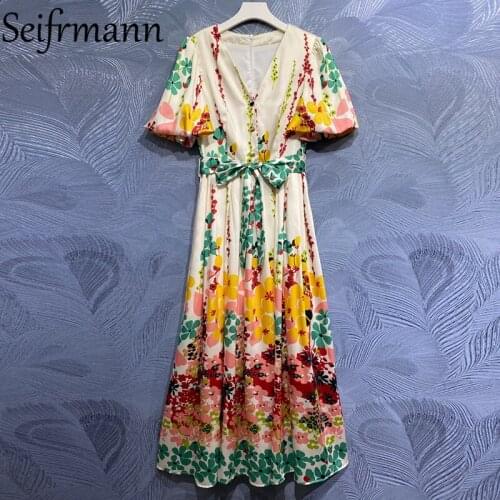 Seifrmann New 2021 Summer Women Fashion Runway Big Swing Long Dress Lantern Sleeve Bow Sashes Floral Print Shirts Style Dresses