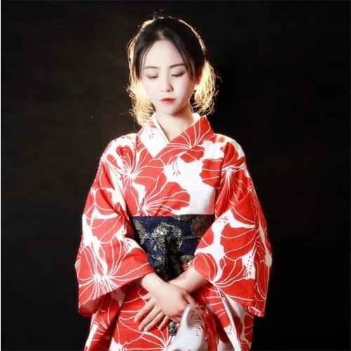 Womens Kimono Japanese Traditional Clothing Harajuku Style Red Hibiscus Printing Long Sleeve Maxi Robes Slim Lacing Yukata 2021