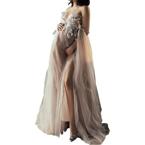 2020 Womens Shoulders Elegant Fit Maternity Gowns Bell Sleeves Slim Maxi Photo Shoot Dresses