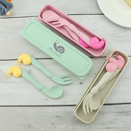 2Pcs/Pack Child Baby Spoon Fork Utensils Set Cute Cartoon Kid Portable Non-slip Elbow Spoon Fork Cutlery Tableware Baby Gadgets