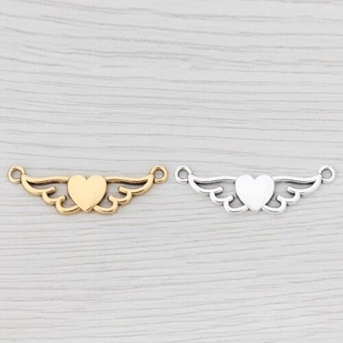 50 x Antique Gold/Silver Color Heart Angel Wings Connector Charms Pendants for DIY Necklace Bracelet Jewelry Making 34x9mm