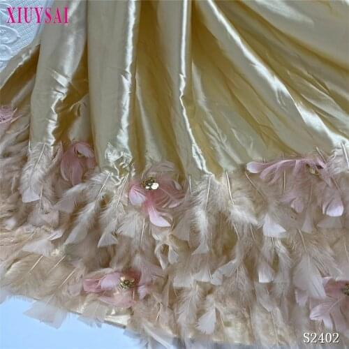 African Beaded 3D Feather Lace Fabric 2021 Gold African French Lace Fabric High Quality Nigerian Embroidery Tulle French Lace
