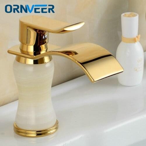Free Shipping Fancy Style Gold Plated Bathroom Sink Mixer Tap White Marble Body Golden Basin Waterfall Faucet M-024