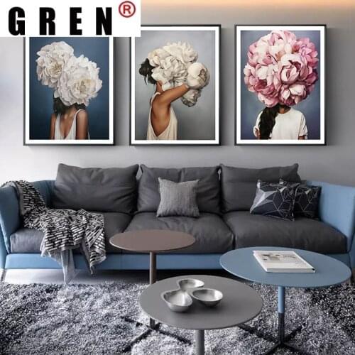 GREN Abstract Flower Woman Artwork Canvas Painting Modern Wall Art Posters Prints Decorative Picture Living Room Home Decor
