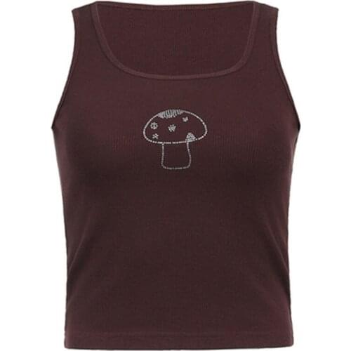 Indie Aesthetics Mushroom Diamond Straped Brown Tops Vintage U-neck Sleeveless Tank Top 90s Streetwear Outfits Slim