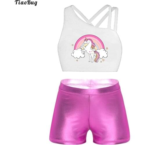 TiaoBug Summer 3Pcs Kids Girls Sport Dance Outfit Asymmetrical Shoulder Straps Cross At Rear Letter Print Suits For Yoga Gym