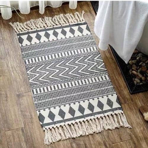 Linen Carpet Home Decorative Hand Woven Cotton Rug Bedside Rug Geometric Floor Mat Living Room Bedroom Retro Bohemian Carpet