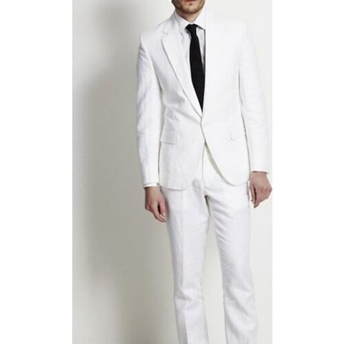 Linen Slim Fit White Men Suits Wedding Groom Wear Tuxedos 2 Pieces (Jacket+Pants) Bridegroom Prom Suits Costume Homme Blazer
