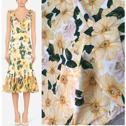 145cm Width Fashion Camellia Flower Printed Cotton Fabric For Woman Summer Dress Blouse DIY Sewing