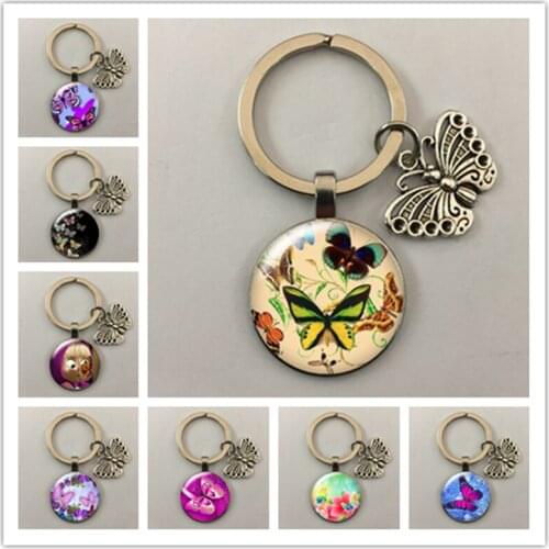 Beauty Butterfly Flying Flower Magic Butterfly Glass Cabochon Keychain Car Keychain Small Jewelry Keychain Gift