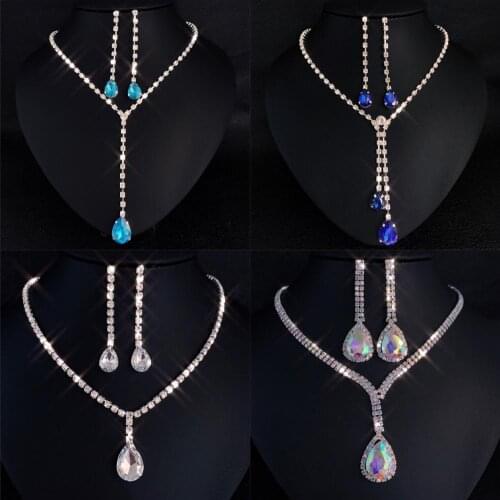 Fashion Water Drop Bling Rhinestone Long Pendant Full Crystal Silver Plated Necklace Earrings Set Luxury Bridal Wedding Jewelry