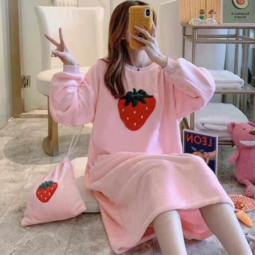 SLPBELY Strawberry Nightdress Cartoon Print Leisure Womens Nightgown Long Sleeve Female Home Clothes Cute Girls Sleepwear