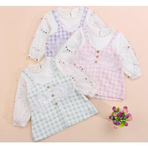 Toddler Autumn Mesh Lace Dress Baby Girls Casual Dress Plaid Long Sleeve Stitching Dress for Kids Clothes Children Outfits