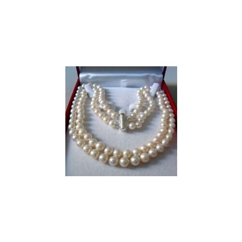 Free shipping@@Exquisite 2 Rows WHITE natural Mabe Clasp AAA 9-10mm Rice Pearl Necklace