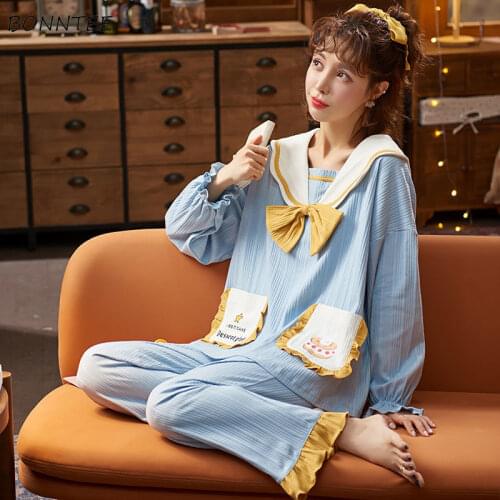 Pajama Sets Women Chic Lovely Soft Ins Fashion Oversize Ladies 2 Piece Loungewear Pajamas Preppy Spring Fall Femme Sleepwear New