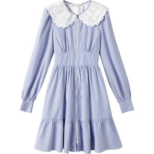 Long Sleeve Elegant Pastel Striped Vestidos Peter Pan Collar Lace Slim Waist Mini Dress Women Office A-line New Style Ukraine