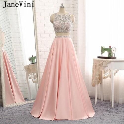JaneVini Vestidos Two Pieces Dress Luxurious Sequined Beaded Satin Mother of Bride Dress Backless Pink Evening Gowns Longue Robe