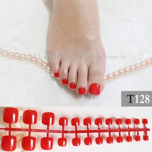 Fake toenails short paragraph round Solid color candy Sunset red T128