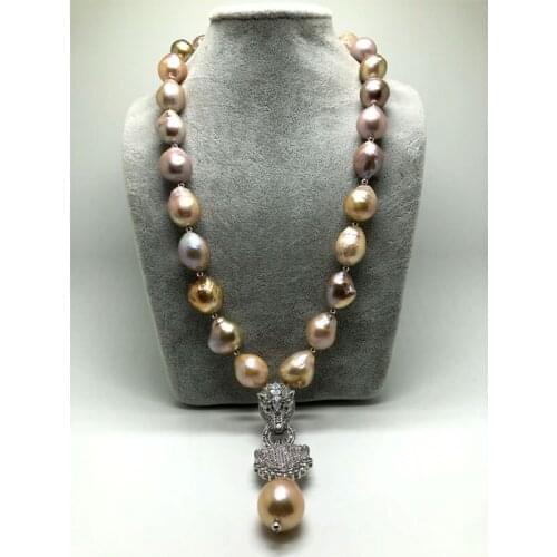 Freshwater Pearl white near round/pink purple BAROQUE Edsion Necklace 46cm leopard hook pendant wholesale for women xmas gift