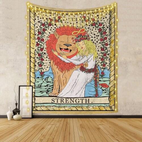 Strength Tarot Cards Tapestry Bravely Girl Appeasing Lion Europe Mandela Divination Blanket For Wall Hanging Decor Bedroom