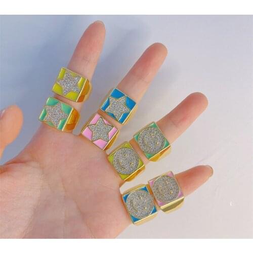 Luxury Rhinestone Zirconia Crystal Big Square Ring Fashion Gold Color Pentagram Smiley Heart Open Ring Dainty Wedding Jewelry