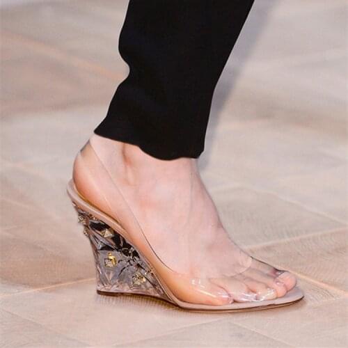 Clear PVC Peep toe triangle crystal rivets wedge sandals Gladiator transparent women runway shoes back strap wedges high heel