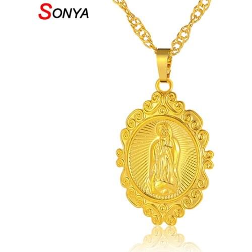SONYA Wholesale Lucky Gold Color Virgin Mary Pendants Necklaces Chain Women,Christianity Jewelry Our Lady Goddess