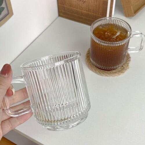 Nordic Vertical Stripe Glass Coffee Mug Transparent Ice American Glass Cup With Handle Home Milk Juice Cup Drinking Glass 320ml