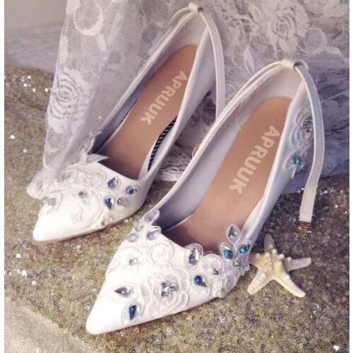 9CM thin high heels wedding shoes women sexy point toes white lace silver crystal rhinestones brides wedding pumps shoe
