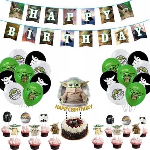 Mandalorian Baby Yoda Theme Birthday Party Decoration Master Star Wars Flag 12'' Latex Balloons Cake Toppers Suit Kids Favor Set