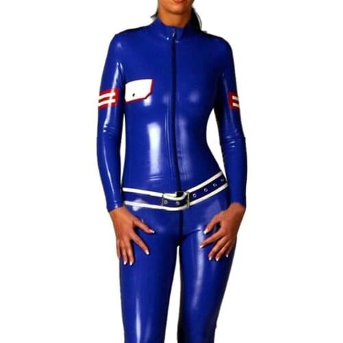 Uniform Latex Women Body Tights Catsuit Dark Blue Front Zip Bodysuit with Belt S-LC237