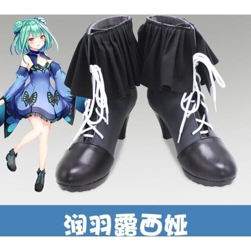 VTuber Uruha Rushia Cosplay Green Wig with buns Heat Resistant Synthetic Hair Uruha Rushia Cosplay High Heels Shoes Boots