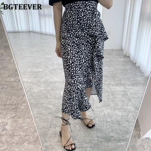 BGTEEVER Fashion Irregular Floral Package Hip Midi Skirt for Women Elegant High Waist Ruffles Female Front Split Skirts 2021