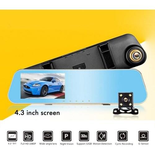 TAIHONGYU Full HD 1080P Car Rearview Mirror Dvr Camera Auto Golden Trim Digital Video Recorder 4.3 Inch Dual Lens