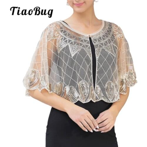 Womens 1920s Shawl See Through Beaded Sequin Boleros Shrug Flapper Cardigan Evening Cape Wedding Wraps Bridal Bolero Cover Up
