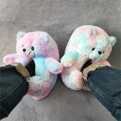 Women Teddy Bear Plush Slippers Cartoon Cute Bear House Slipper Winter Warm Furry Faux Fur Slides Woman Furry Flip Flop Shoes