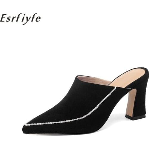 ESRFIYFE New Arrive Womens Slippers Slip on Pointed Toe Small Heels Mules High Heels Shoes Woman Slides Ladies Dress Sheos