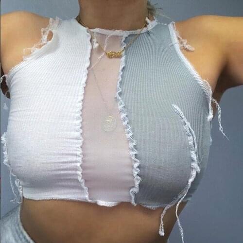 Sleeveless see-through sexy crop top women mesh Patchwork design tank tops Punk style street casual wear wild vest female
