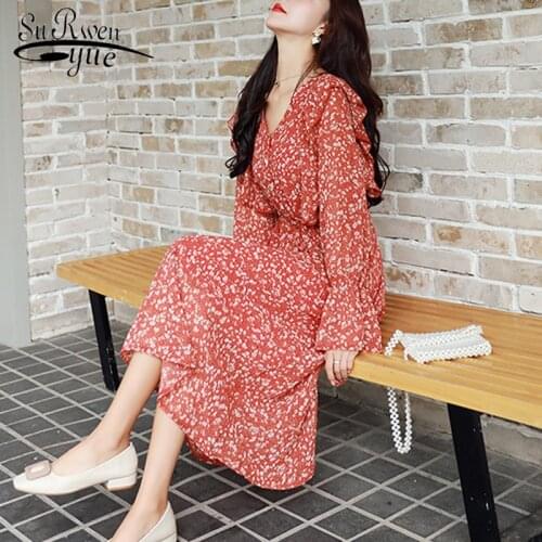 Robe Femme New Summer Chiffon Casual Vintage Floral Women Dress Long Sleeve Red Midi Dress Print V Neck Ladies Dresses 8568 50