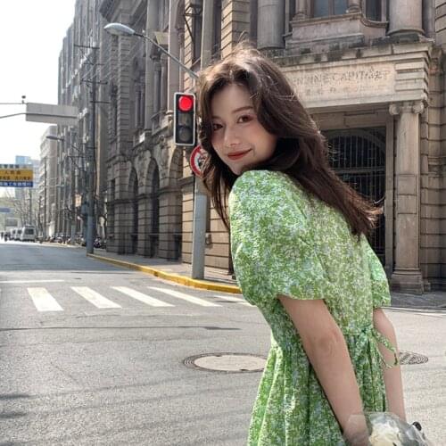 2021 Summer Women Dress Print Floral Maxi Dresses Woman Puff Sleeve Korean Street Womens Clothing Party Vestidos Green WPY3539