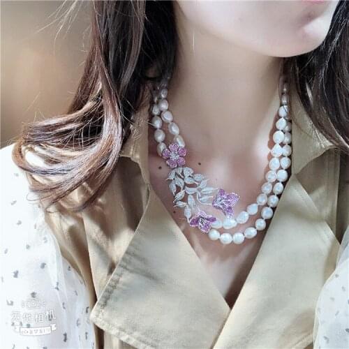 2rows freshwater pearl white baroque 9-13mm necklace +red zircon connector 19-20inch FPPJ wholesale beads nature