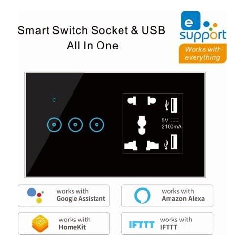 2 In 1 Wall Smart Switch Socket Tempered Glass Touching Button Wall Smart Light Controlling Panel Ewelink APP Remote Controlling