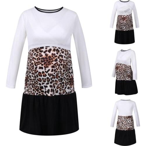 Maternity Dresses Long Sleeve Nursing Dress Leopard Print Color Block Nursing Dress Pregnant Dress Robe Femme Pregnancy Vestido