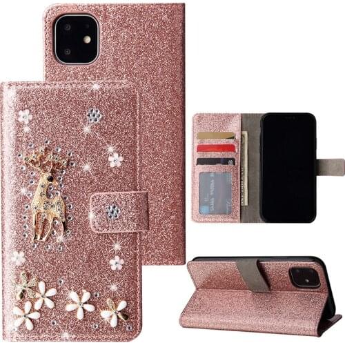 Glitter 3D Deer Rhinestones Case For iPhone 11 Pro Max SE 2020 10 X 6 6s 7 8 Plus XR XS Max 5 5s Flip Leather Wallet Phone Cases