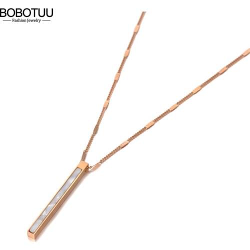 BOBOTUU Simple Design White Shell Long Strip Charm Pendant Necklace For Women Trendy Titanium Steel CZ Crystal Necklace BN20161