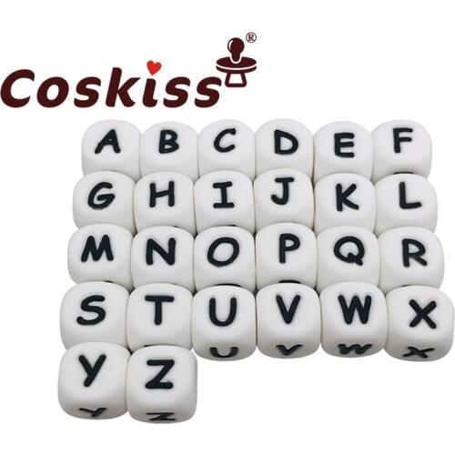 Coskiss 100pc Silicone Alphabet Letter Beads Food Grade Silicone Chewing Beads Teething 26 Silicone Letter Bead Baby Teether